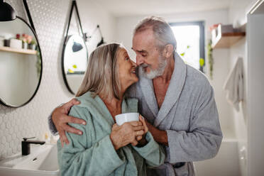 Senior couple having morning routine in the bathroom. - HPIF32449