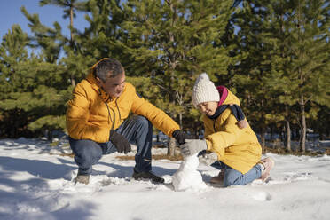 Vater und Tochter bauen Schneemann mit Schnee in der Nähe von Bäumen im Winter - LESF00510