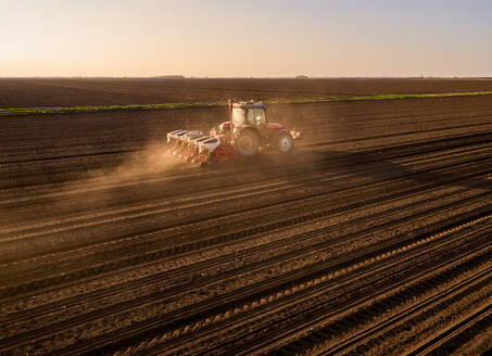 Serbien, Provinz Vojvodina, Luftaufnahme eines Traktors bei der Aussaat in einem gepflügten Maisfeld - NOF00819