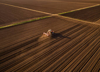 Serbia, Vojvodina Province, Aerial view of tractor sowing seeds in plowed corn field - NOF00821