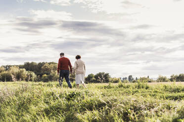 Älteres Paar, das unter bewölktem Himmel in einem Feld spazieren geht - UUF30730
