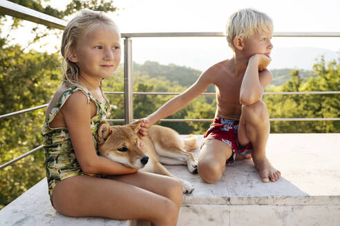 Blondes Mädchen und Junge sitzen mit Shiba Inu Hund in der Nähe von Geländer an einem sonnigen Tag - NJAF00697