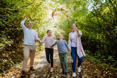 Excited family with kids walking in an autumn forest. - HPIF32774