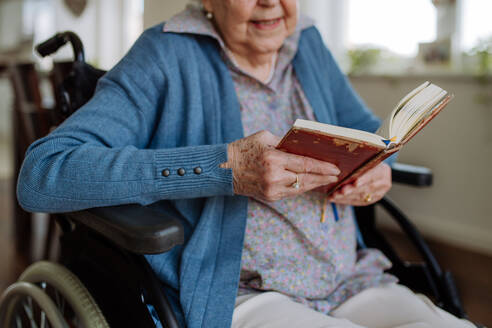 Porträt einer älteren Frau im Rollstuhl, die ein Buch liest. - HPIF32852