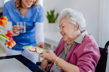 Pflegekraft gibt einer älteren Frau einen Obstsnack. - HPIF32888