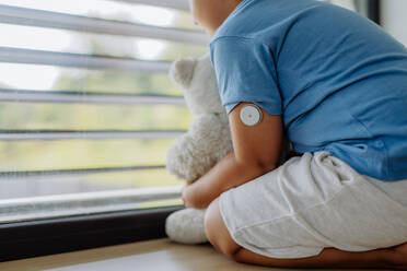 Diabetic boy with a continuous glucose monitor sitting by the window, holding his stuffed teddy bear and looking outside. Children with diabetes feeling different or isolated from peers. - HPIF32927