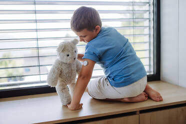 Diabetikerjunge mit einem kontinuierlichen Blutzuckermessgerät, der am Fenster sitzt und seinen ausgestopften Teddybär-Sensor auf dem Arm zeigt. Kinder mit Diabetes fühlen sich anders oder von Gleichaltrigen isoliert. - HPIF32929