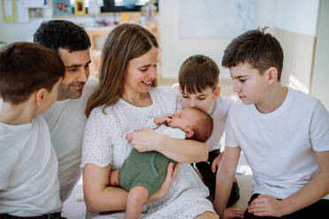 Eine große Familie mit vier Söhnen freut sich über ihr neugeborenes Baby. - HPIF32975