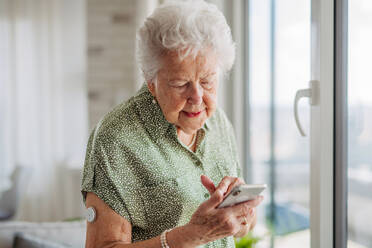 Senior diabetic woman checking her glucose data on mobile phone. Smiling elderly lady scrolling on smart phone. Diabetic senior patient using continuous glucose monitor to check blood sugar level at home. - HPIF33176