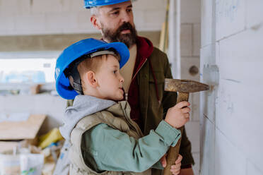 Father and his little son working together on their unfinished house. - HPIF33254