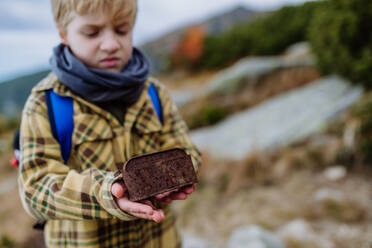 Kleiner Junge mit einem verrosteten Müllsack inmitten der Natur, Konzept des Naturschutzes. - HPIF33515
