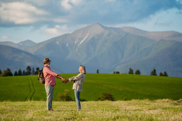 Älteres Paar steht in der Mitte der Wiese und hat einen romantischen Moment in der herbstlichen Natur. Älteres Ehepaar schaut auf die ruhige Landschaft und genießt die schöne Aussicht auf die Hohe Tatra. Minimalistische Landschaftsfotografie mit Kopierraum. - HPIF33579
