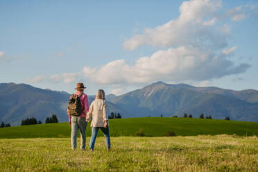 Senior couple walking through the autumn nature. Elderly spouses enjoying the beautiful view of the High Tatras. Minimalist landscape photography with copy space. - HPIF33581