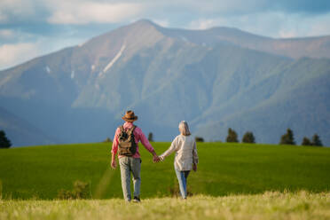 Älteres Paar steht in der Mitte der Wiese und hat einen romantischen Moment in der herbstlichen Natur. Älteres Ehepaar schaut auf die ruhige Landschaft und genießt die schöne Aussicht auf die Hohe Tatra. Minimalistische Landschaftsfotografie mit Kopierraum. - HPIF33582