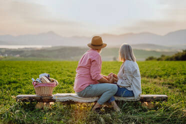 Älteres Paar sitzt auf einer Wiese und genießt einen romantischen Moment in der herbstlichen Natur. Ältere Eheleute betrachten die ruhige Landschaft und genießen die schöne Aussicht auf die Hohe Tatra. - HPIF33592