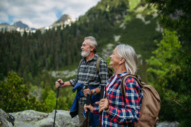 Potrait einer aktiven älteren Frau, die mit ihrem Mann in den herbstlichen Bergen auf einem seniorenfreundlichen Wanderweg wandert. Eine ältere Touristin mit Rucksack, die Trekkingstöcke zur Stabilität benutzt. - HPIF33621