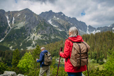 Rear view of active elderly couple hiking together in autumn mountains, on senior friendly trail. Senior spouses on the vacation in the mountains celebrating anniversary. Senior tourists with backpacks using trekking poles for stability. - HPIF33638