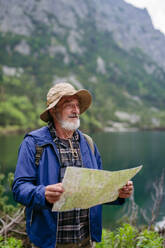 Potrait eines aktiven älteren Mannes beim Wandern in den herbstlichen Bergen, auf einem seniorenfreundlichen Wanderweg. Ein älterer Tourist mit Rucksack sucht seinen Wanderweg auf einer Papierkarte, - HPIF33653