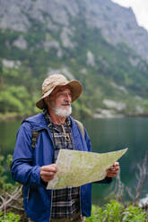 Potrait of active senior man hiking in autumn mountains, on senior friendly trail. Senior tourist with backpack looking for his trekking trail on paper map, - HPIF33653