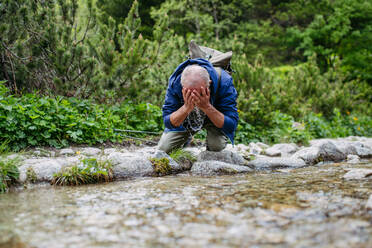 Aktiver älterer Mann wäscht sein Gesicht in einem Gebirgsbach während einer Wanderung. Älterer Tourist mit Rucksack kühlt sich an einem kleinen Fluss ab. - HPIF33665