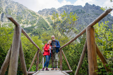 Portrait of beautiful active elderly couple hiking together in autumn mountains, on senior friendly trail. Senior spouses on the vacation in the mountains celebrating anniversary. Senior tourists with backpacks using trekking poles for stability. - HPIF33668