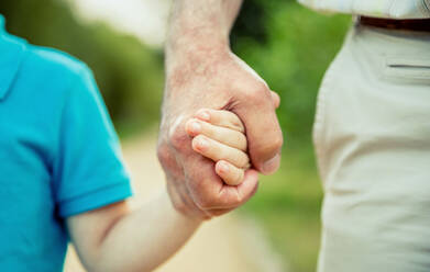 Child holding hand of senior man over a nature background. Two different generations concept. - ADSF50060