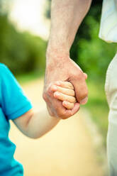 Child holding hand of senior man over a nature background. Two different generations concept. - ADSF50062