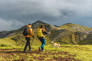 Zwei Bergsteiger mit Rucksäcken wandern an einem bewölkten Tag mit ihrem Hund in den Bergen. Aktivitäten im Freien und gesunde Lebensweise - ADSF50200