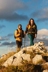 Vertikale Fotografie eines Bergsteigerpaares, ausgerüstet mit Rucksäcken, Trekkingstöcken und warmer Kleidung, die mit ihrem Hund in den Bergen wandern. Outdoor-Sport. - ADSF50226