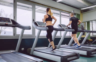 Rückansicht von Menschen, die auf einem Laufband in einem Fitnesscenter trainieren - ADSF50239