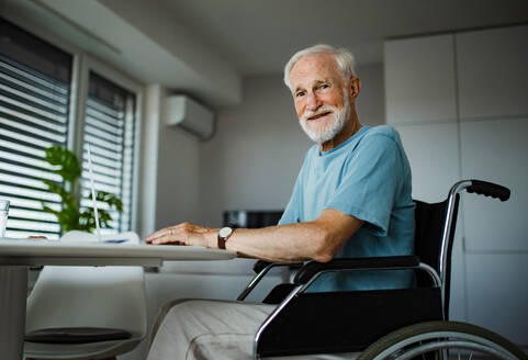 Senior man in a wheelchair working from home during retirement. Elderly man using digital technologies, working on a laptop. Concept of seniors and digital skills. - HPIF34202