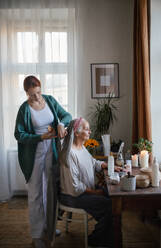 Pflegerin hilft ihrer älteren Kundin beim Frisieren der Haare. - HPIF34416
