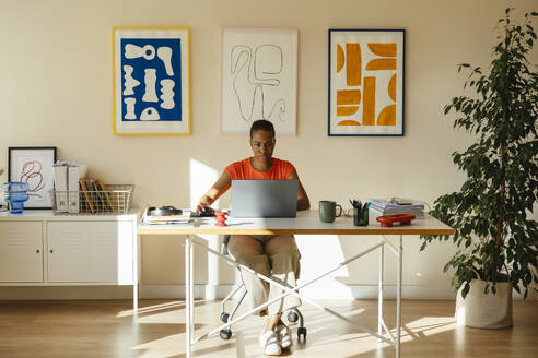 Geschäftsfrau bei der Telearbeit am Schreibtisch mit Laptop im modernen Heimbüro - EBSF04226