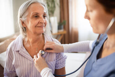 Nahaufnahme einer Krankenschwester, die einen älteren Patienten zu Hause mit einem Stethoskop untersucht. Eine Ärztin hört die Atmung und das Herz eines älteren Patienten ab. Untersuchung nach einer Herzoperation. - HPIF34430