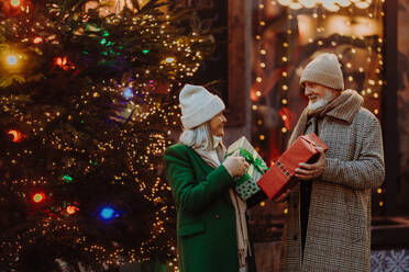 Glückliches älteres Paar genießt den Weihnachtsmarkt im Freien und kauft Geschenke. - HPIF34463