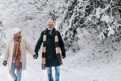 Elegant senior couple walking in the snowy park, during cold winter snowy day. Elderly couple spending winter vacation in the mountains. Wintry landscape. - HPIF34466