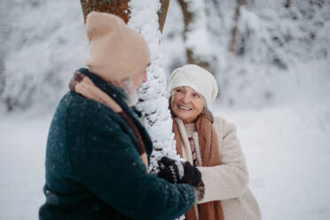 Elegantes älteres Paar, das an einem Baum im verschneiten Park steht, während eines kalten, verschneiten Wintertages. Älteres Paar, das Winterurlaub in den Bergen verbringt. Winterliche Landschaft. - HPIF34483