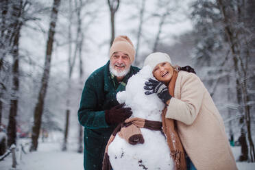 Elegantes älteres Paar, das an einem kalten Wintertag einen Schneemann baut. Älteres Paar, das seinen Winterurlaub in den Bergen verbringt. Winterliche Landschaft. - HPIF34492