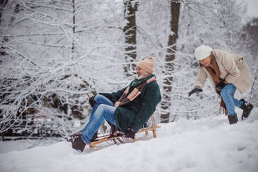 Älteres Paar, das sich an einem kalten Wintertag vergnügt und den Berg hinunterschlittert. Älterer Mann auf Schlitten. Älteres Paar, das Winterurlaub in den Bergen verbringt. Winterliche Landschaft. - HPIF34494