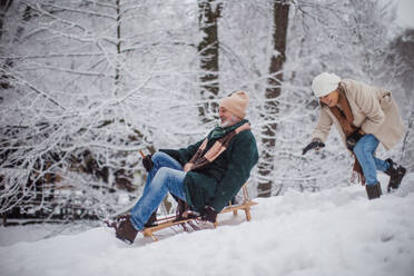 Senior couple having fun during cold winter day, sledding down the hill. Senior man on sled. Elderly couple spending winter vacation in the mountains. Wintry landscape. - HPIF34494