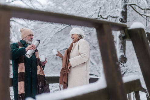 Elegantes älteres Paar, das im Freien einen heißen Tee trinkt, während eines kalten, verschneiten Wintertages. Älteres Paar, das seinen Winterurlaub in den Bergen verbringt. Winterliche Landschaft. - HPIF34502