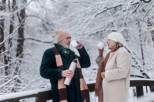 Elegantes älteres Paar, das im Freien einen heißen Tee trinkt, während eines kalten, verschneiten Wintertages. Älteres Paar, das seinen Winterurlaub in den Bergen verbringt. Winterliche Landschaft. - HPIF34503