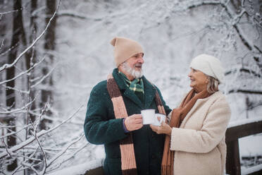 Elegantes älteres Paar, das im Freien einen heißen Tee trinkt, während eines kalten, verschneiten Wintertages. Älteres Paar, das seinen Winterurlaub in den Bergen verbringt. Winterliche Landschaft. - HPIF34505