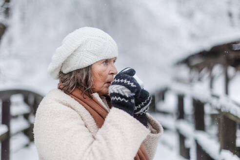 Porträt einer eleganten älteren Frau, die an einem kalten, verschneiten Wintertag im Freien einen heißen Tee trinkt. Ältere Frau im Winterurlaub in den Bergen. Winterliche Landschaft. - HPIF34511