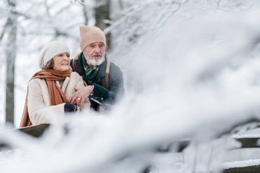 Elegant senior couple walking in the snowy park, during cold winter snowy day. Elderly couple enjoying view on frozen lake from bridge. Wintry landscape. - HPIF34515