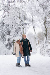 Full body portrait of elegant senior couple walking in the snowy park, during cold winter snowy day. Elderly couple spending winter vacation in the mountains. Wintry christmas landscape. - HPIF34527