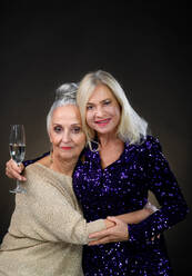 Portrait of happy senior friends with glass of wine, celebration concept. - HPIF34658