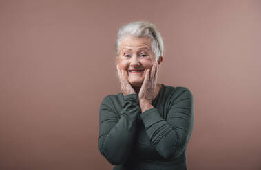 Studio portrait of smiling senior woman with short gray hair, holding her face. Isolated on a brown pink background. Copy space. - HPIF34662