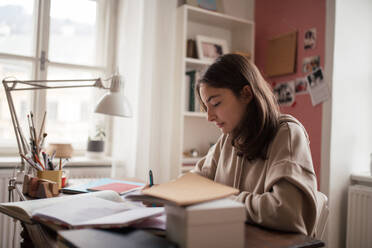 Young teenage girl studying and doing homework in her room. - HPIF34774