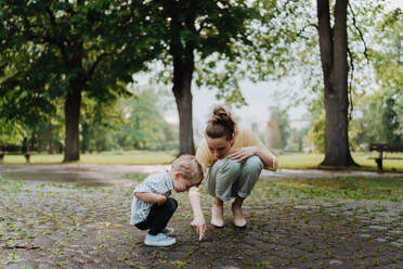 Alleinerziehende Mutter mit kleinem Sohn verbringt gemeinsame Zeit in einem öffentlichen Park. Arbeitender Elternteil verbringt Zeit mit seinem Sohn nach der Arbeit. Mutter zeigt ein Insekt auf einem Bürgersteig. - HPIF34890